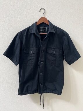 Men's Black Short-Sleeve Shirt Jacket with Drawstring Hem